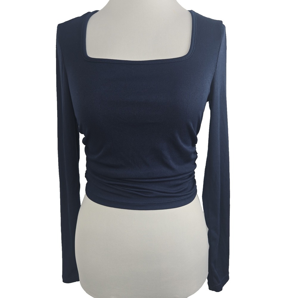 EMERY ROSE Navy Ribbed Stretch Knit Square Neck Crop Top Long Sleeve Ruched S